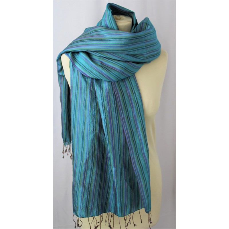 Grand foulard en soie à rayures turquoise femme